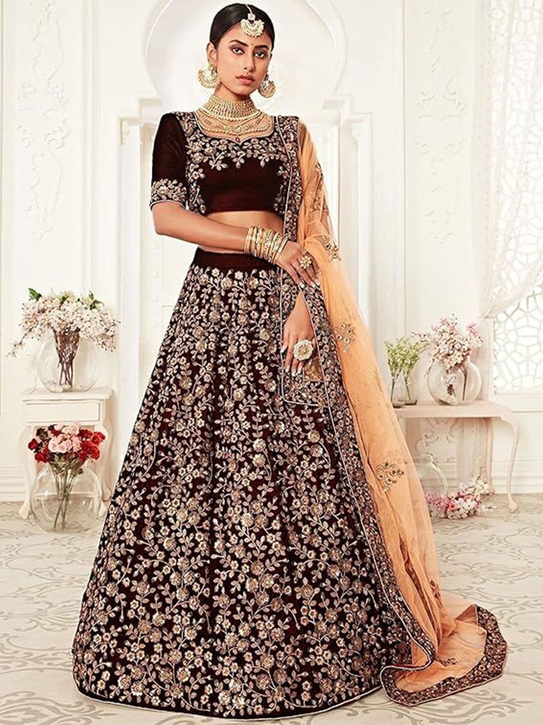 Trendmalls Embroidered Sequinned Semi-Stitched Lehenga & Unstitched Blouse With Dupatta - view 1