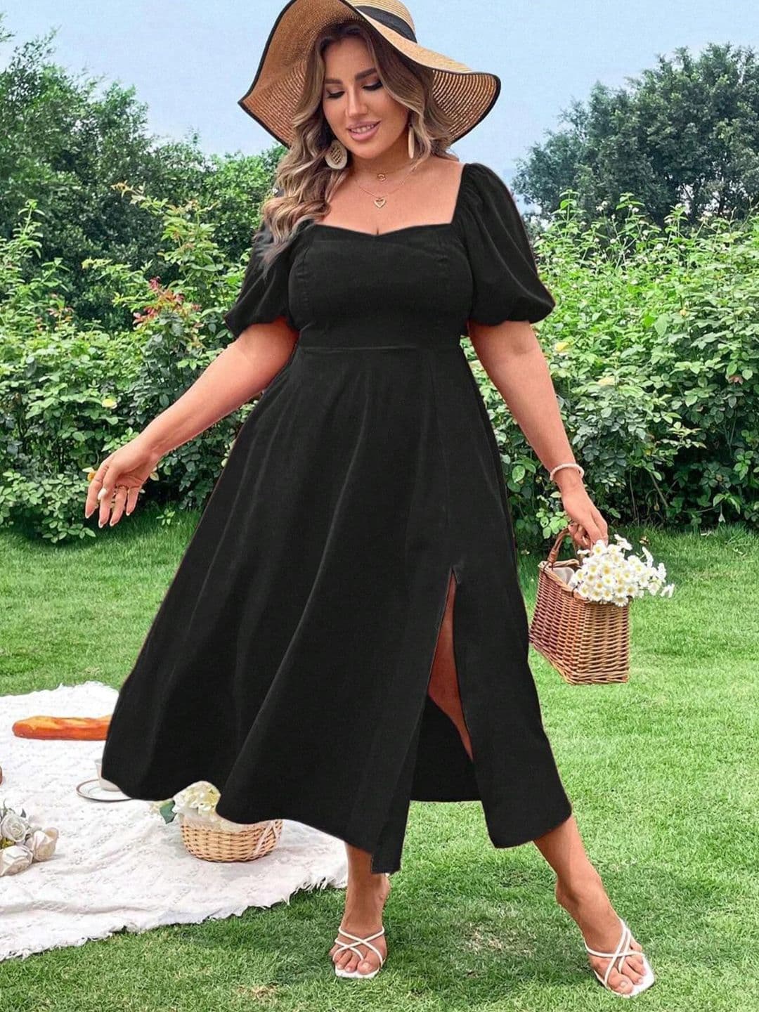 CURVE BY KOTTY Plus Size Puff Sleeve Fit & Flare Midi Dress With Slits - view 1