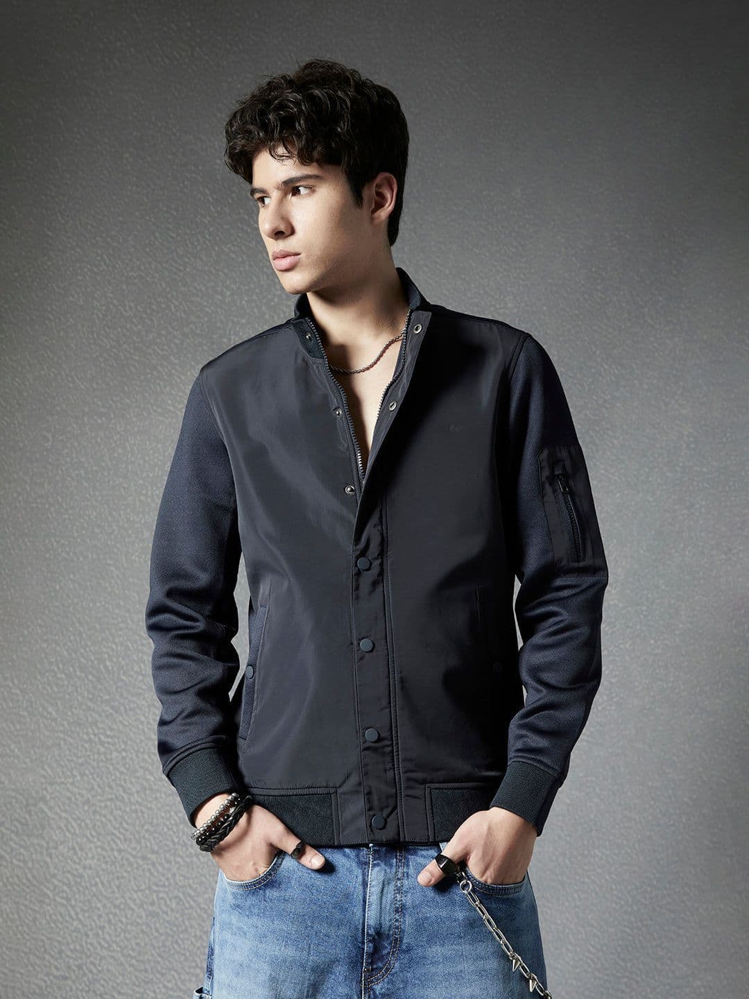 VOLTEDGE Men Mock Collar Solid Cotton Casual Lightweight Bomber Jacket - view 1