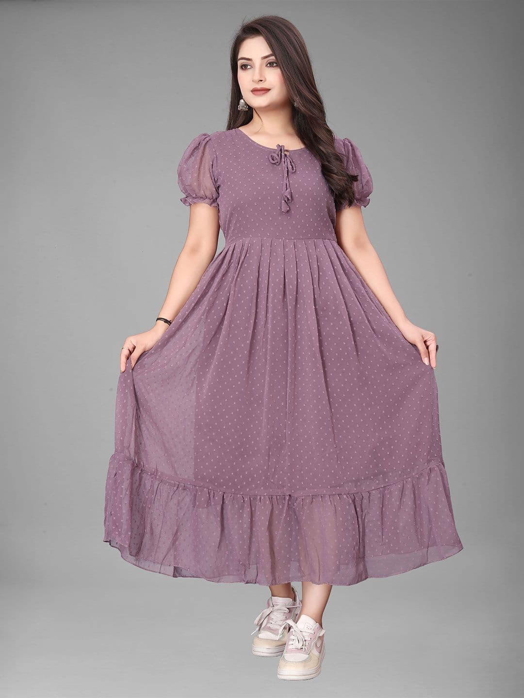 QENA Women Tie-Up Neck Puff Sleeve Self Design Empire Midi Dress - view 1