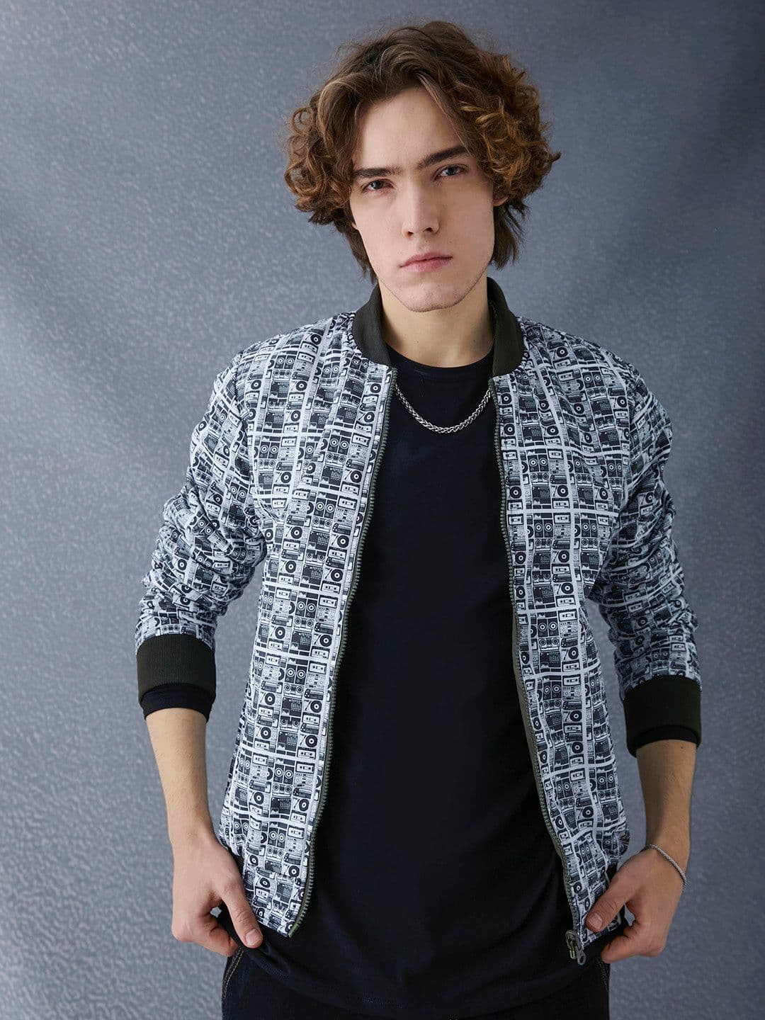 VOLTEDGE Men Stand Collar Conversational Printed Cotton Casual Lightweight Bomber Jacket - view 1