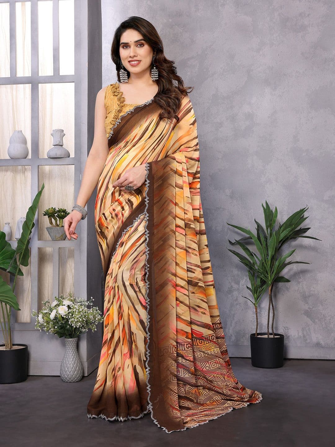 Nirmohi Fashion Beads and Stones Abstract Printed Pure Georgette Saree - view 1