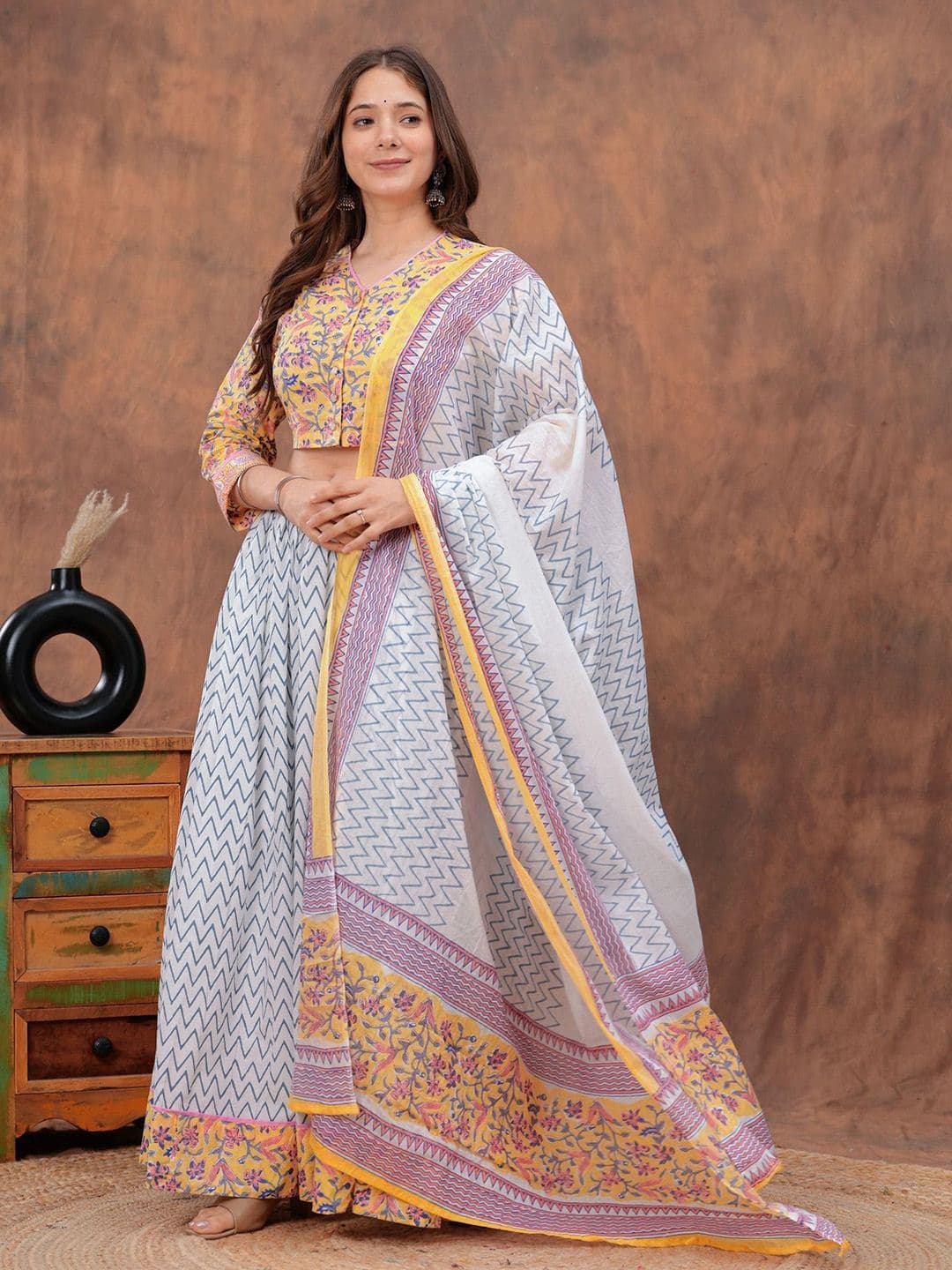 PARTHVI Floral Printed Block Print Pure Cotton Ready to Wear Lehenga With Blouse & Dupatta - view 1