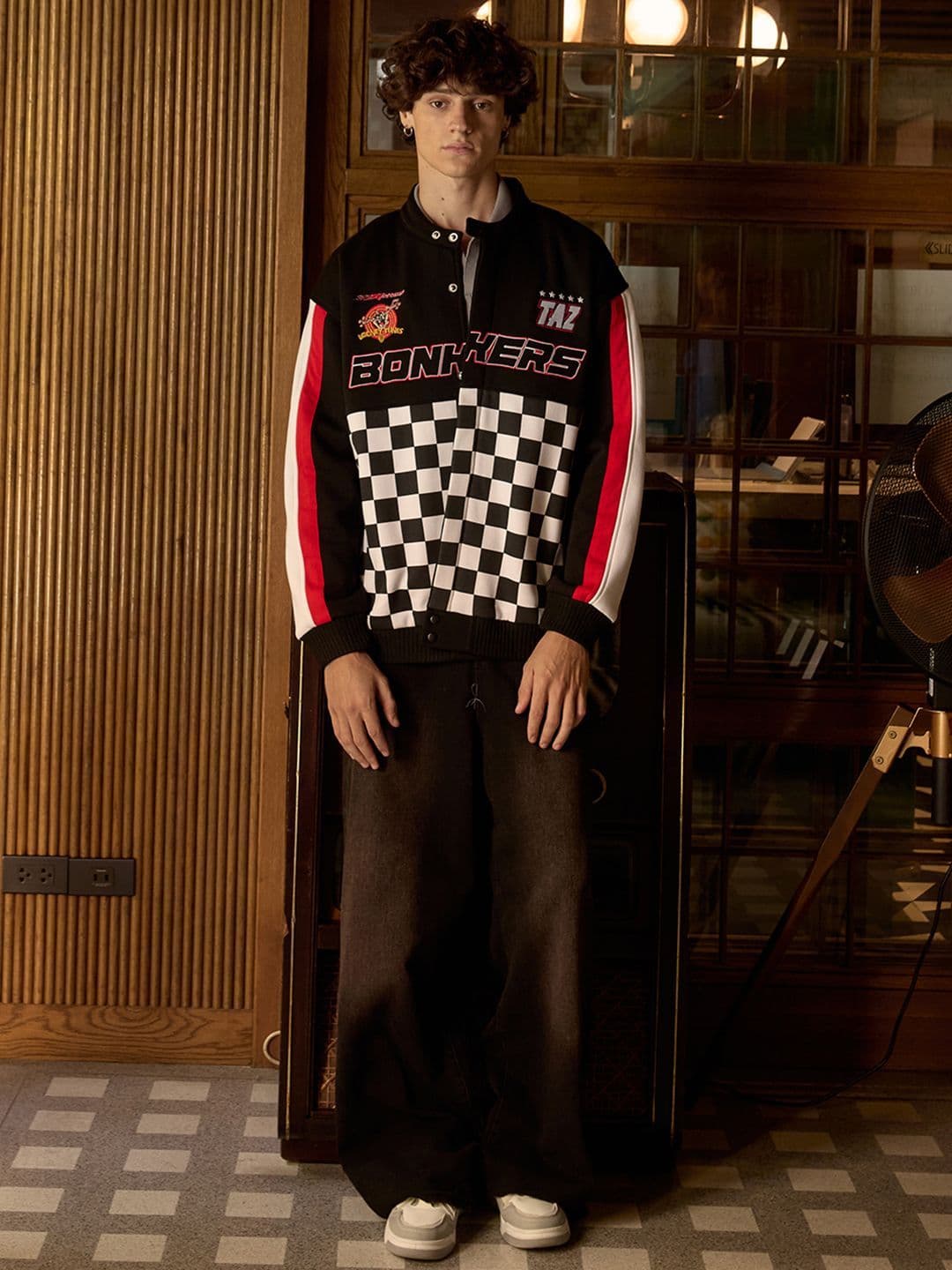 Bonkers Corner Men Mandarin Collar Graphic Printed Cotton Casual Varsity Jacket - view 1