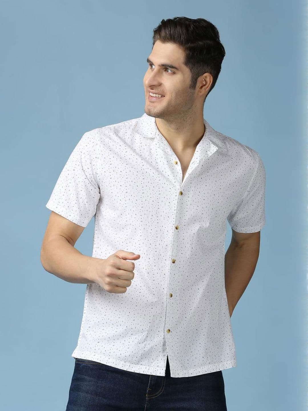 SNX Men Tailored Fit Cuban Collar Micro Ditsy Printed Cotton Casual Shirt