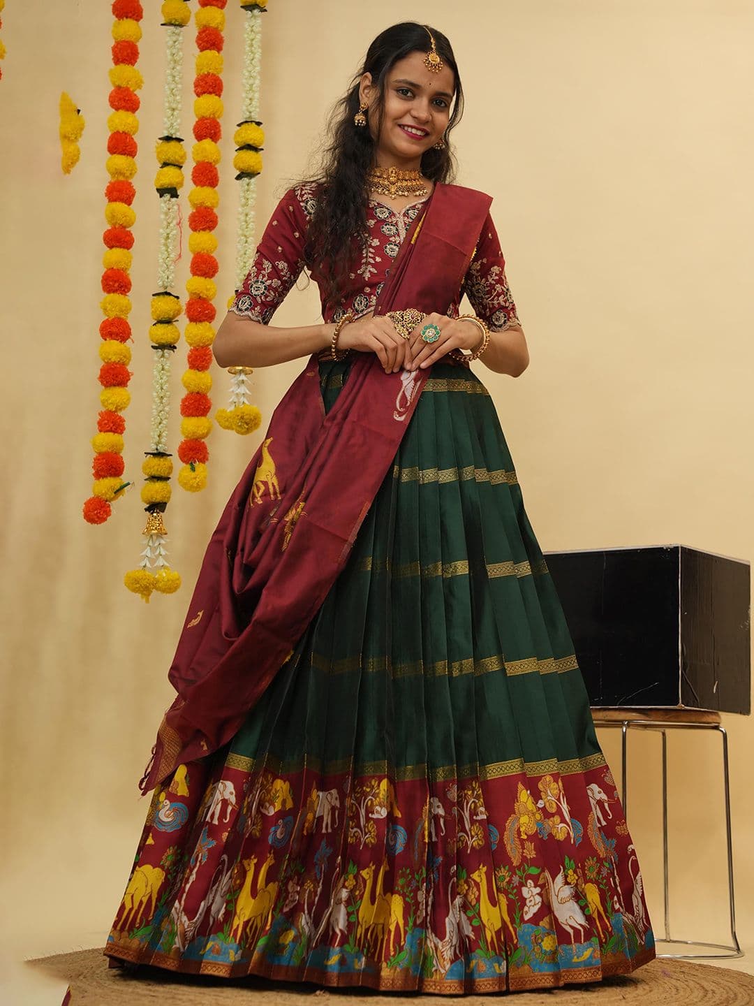 Fabcartz Embroidered Zari Work Semi-Stitched Lehenga With Unstitched Blouse & Dupatta - view 1