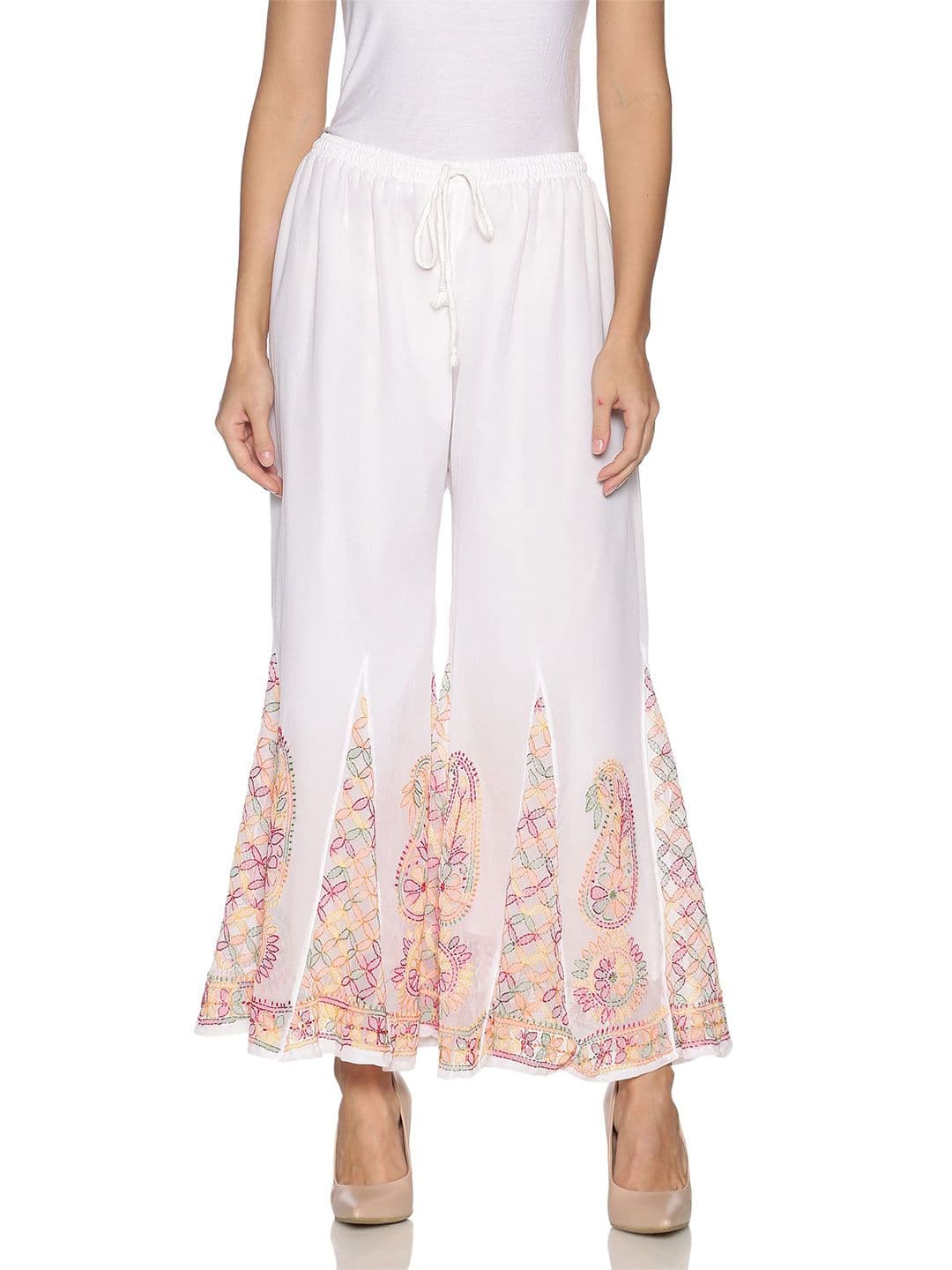 Fashionable Chikan Handikraft Women Floral Embroidered Flared Knitted Georgette Palazzos - view 1