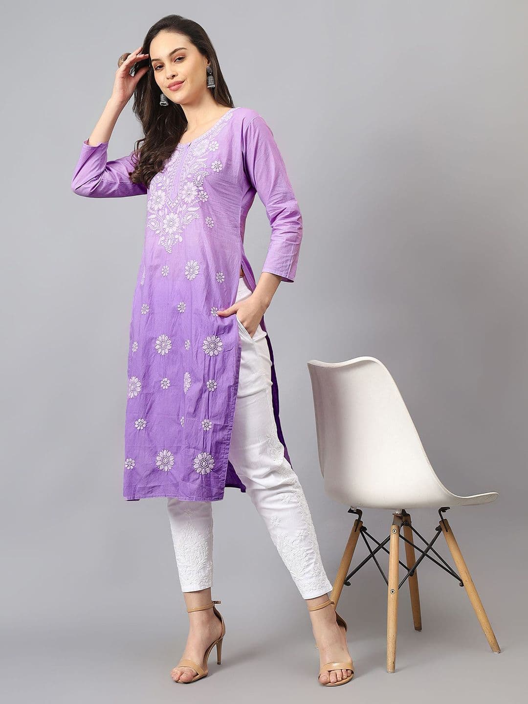 NAZAQAT ETHNIC INDIA Floral Embroidered Chikankari Notch Neck Pure Cotton Straight Kurta - view 1