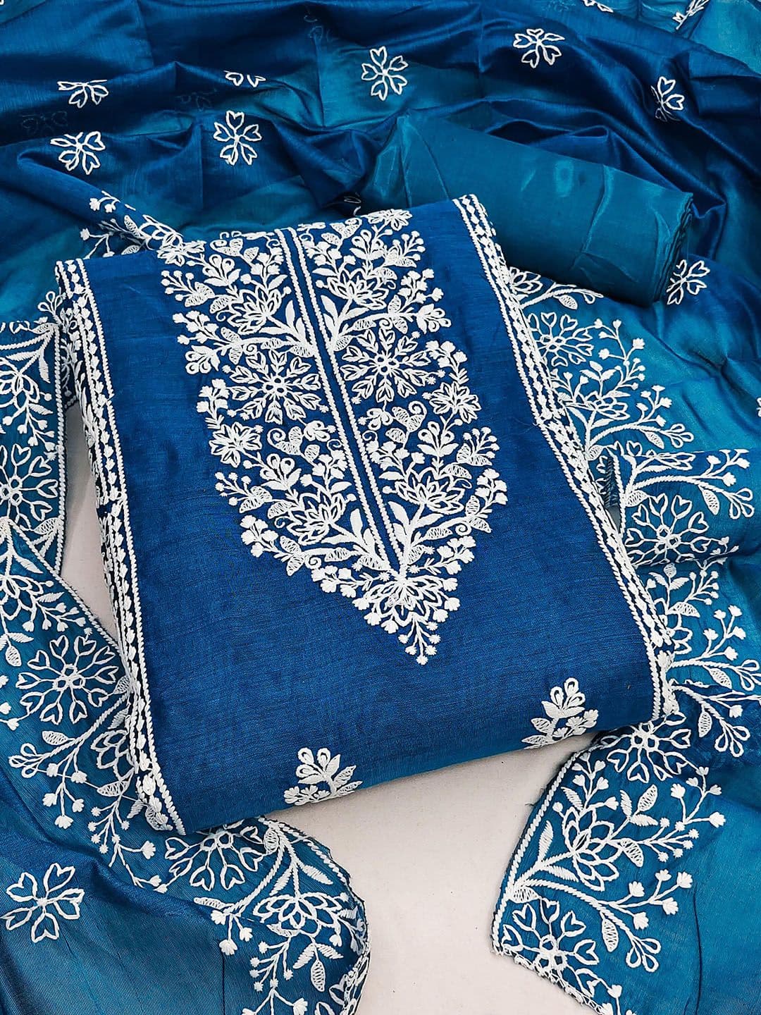 HERE&NOW Floral Embroidered Thread Work Chanderi Cotton Unstitched Dress Material - view 1