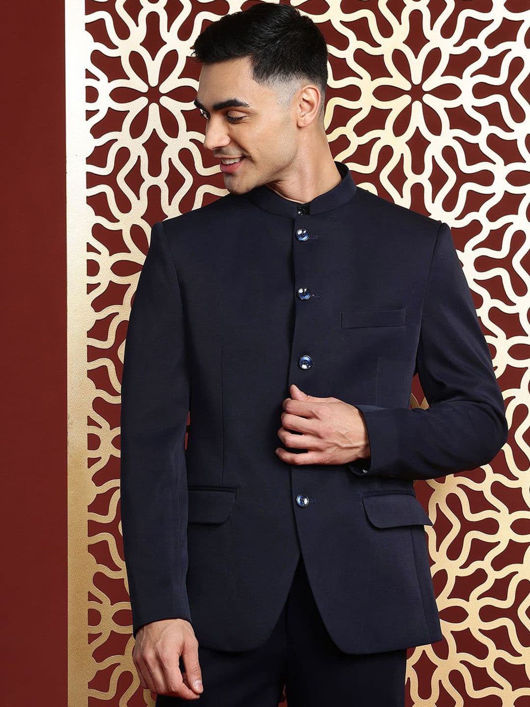 MANQ Mandarin Collar Slim-Fit Bandhgala Single-Breasted Blazer - view 1