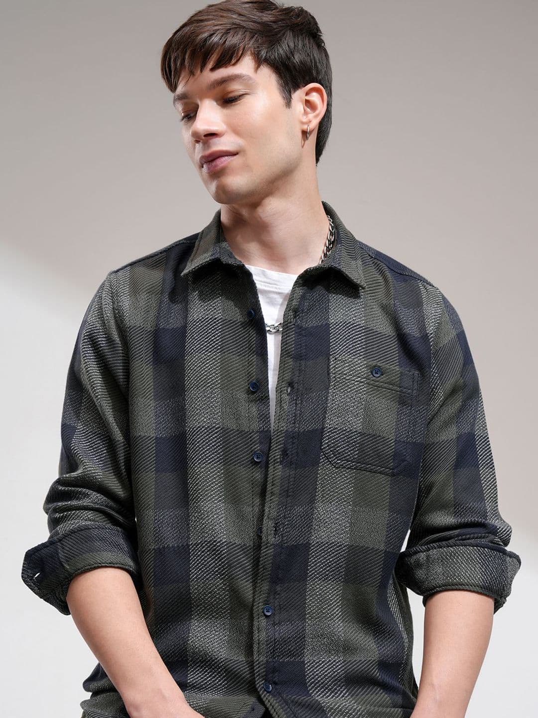 HIGHLANDER Men Grindal Yarn Textured Checked Casula Slim Fit Shirt - view 1