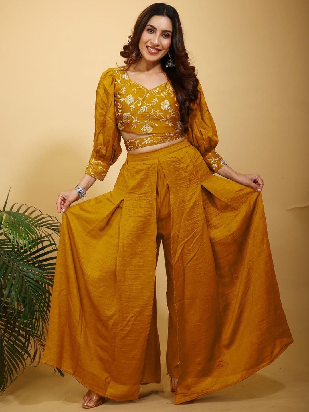 SANCIA Embroidered Sweetheart Neck Crop Top With Palazzos - view 1