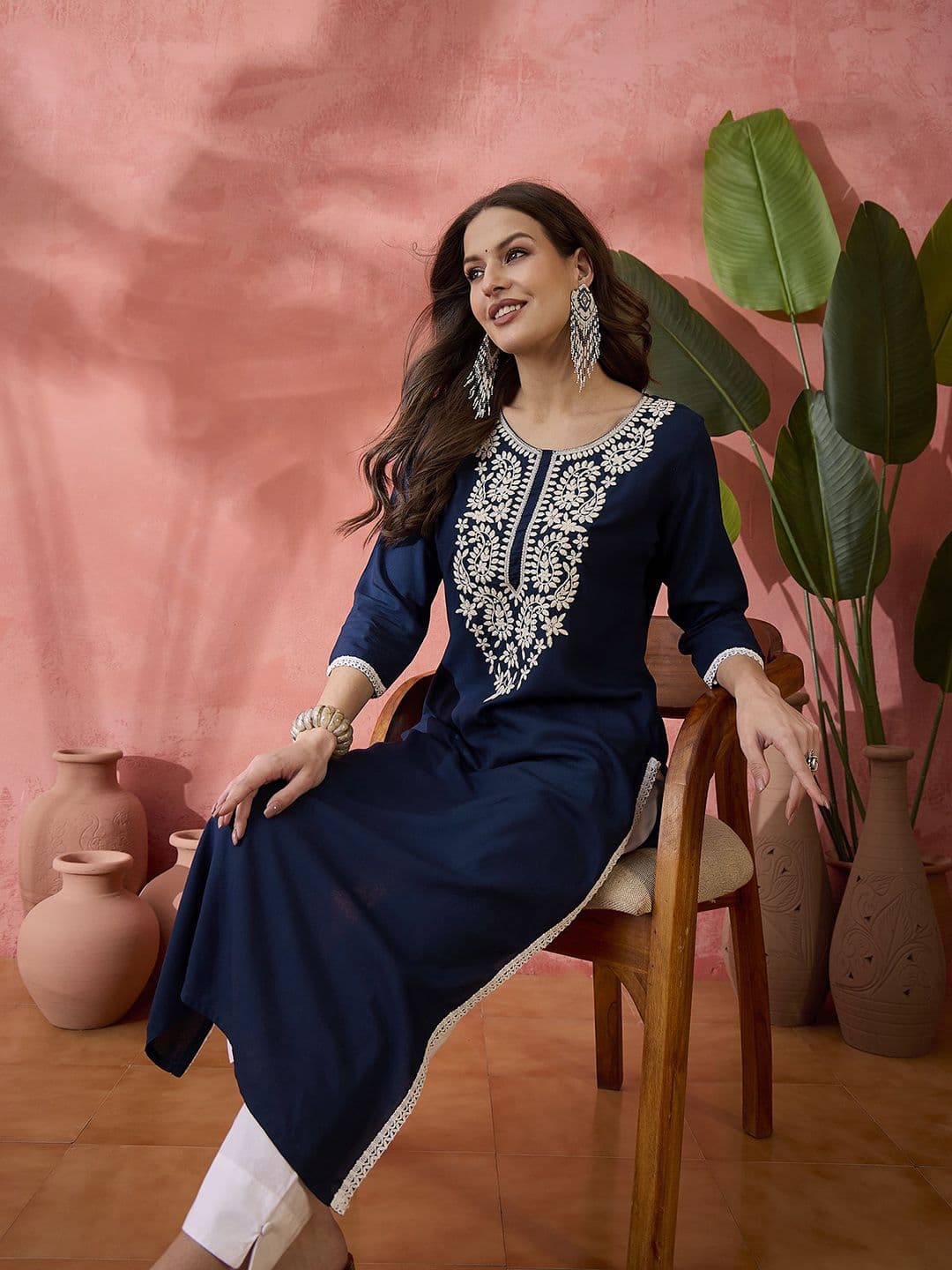 Sangria Embroidered Straight Chickenkari Kurta - view 1