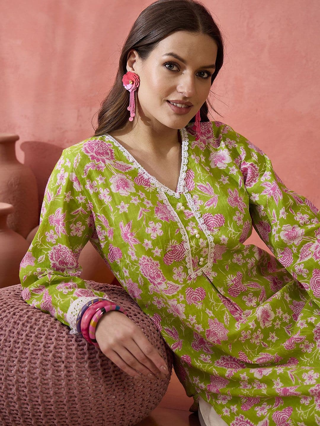 Sangria Floral Printed Cotton V-Neck Straight Kurta With Trouser - view 1