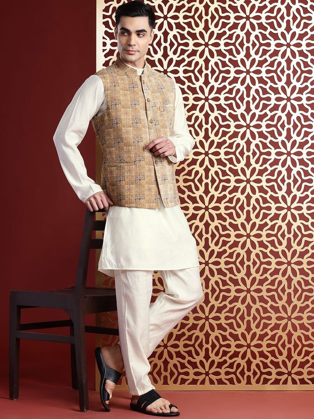MANQ Ethnic Motifs Printed Sequinned Nehru Jacket