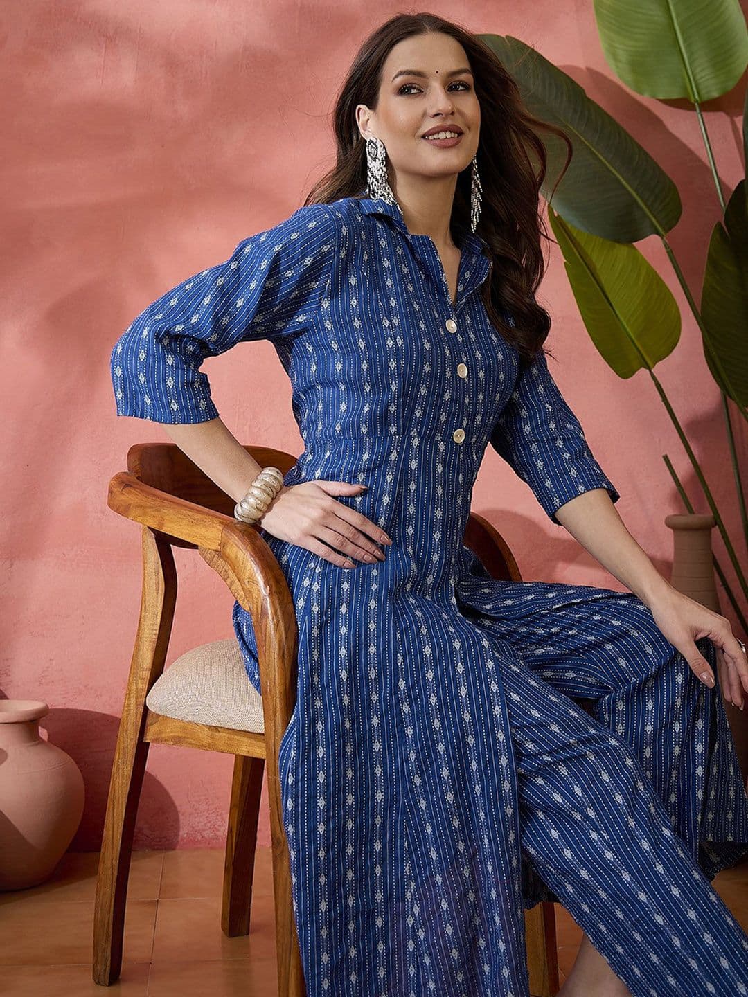 Sangria Blue Ethnic Motifs Woven Design High Slit Shirt Collar Pure Cotton Tunic & Trouser - view 1