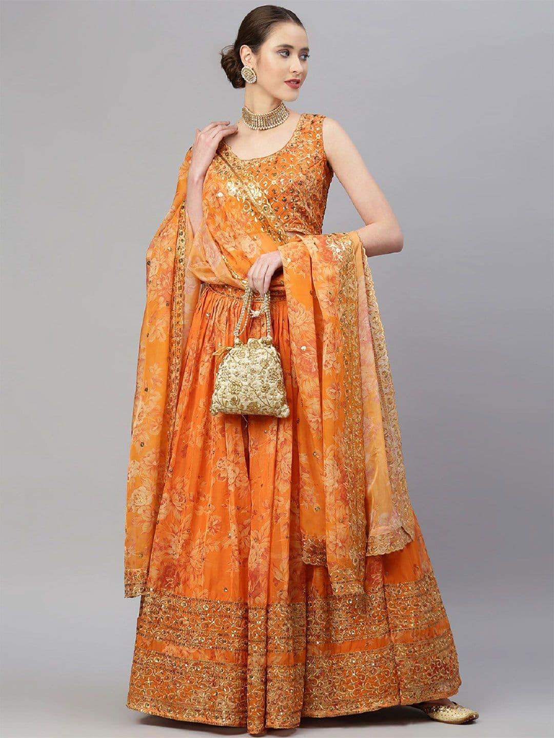 DIVINE EXIM Embroidered Sequinned Organza Semi-Stitched Lehenga & Blouse With Dupatta - view 1