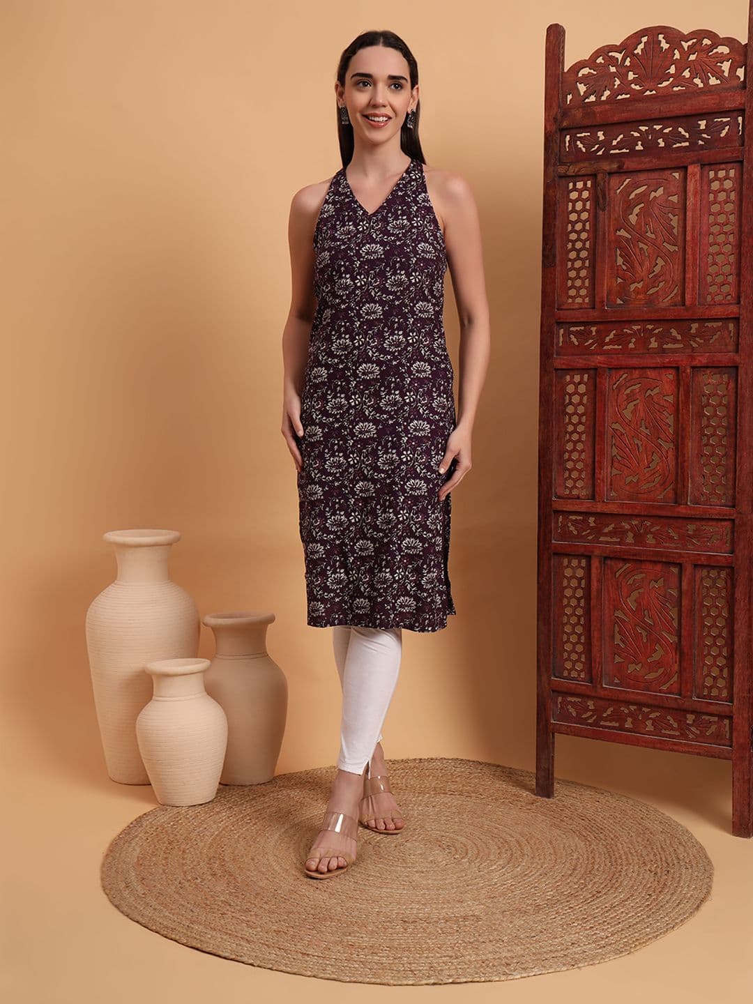 Anouk Rustic Floral Printed Halter Neck Straight Kurta - view 1