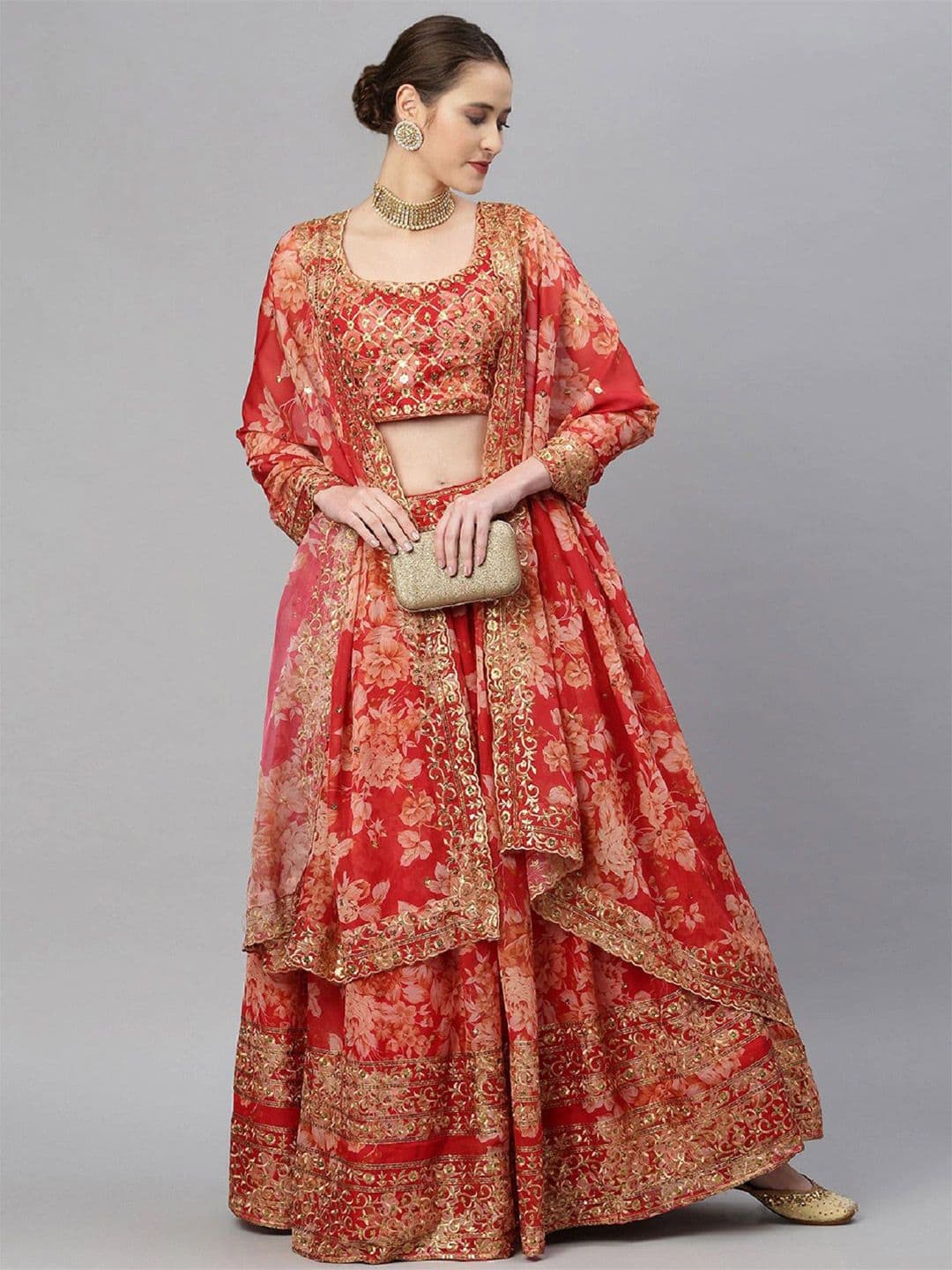 DIVINE EXIM Embroidered Sequinned Organza Semi-Stitched Lehenga & Blouse With Dupatta - view 1