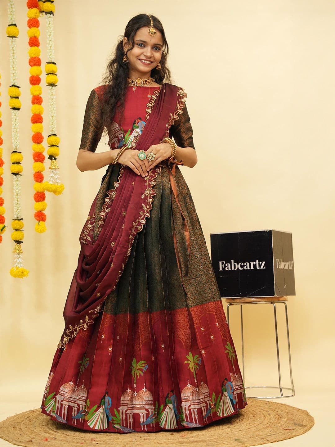Fabcartz Embroidered Zari Semi-Stitched Lehenga & Unstitched Blouse With Dupatta - view 1
