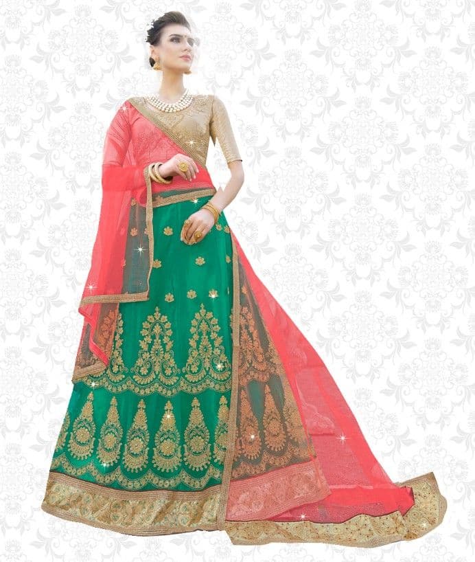 MANVAA Green & Pink Embroidered Beads and Stones Semi-Stitched Lehenga & Unstitched Blouse With Dupatta - view 1