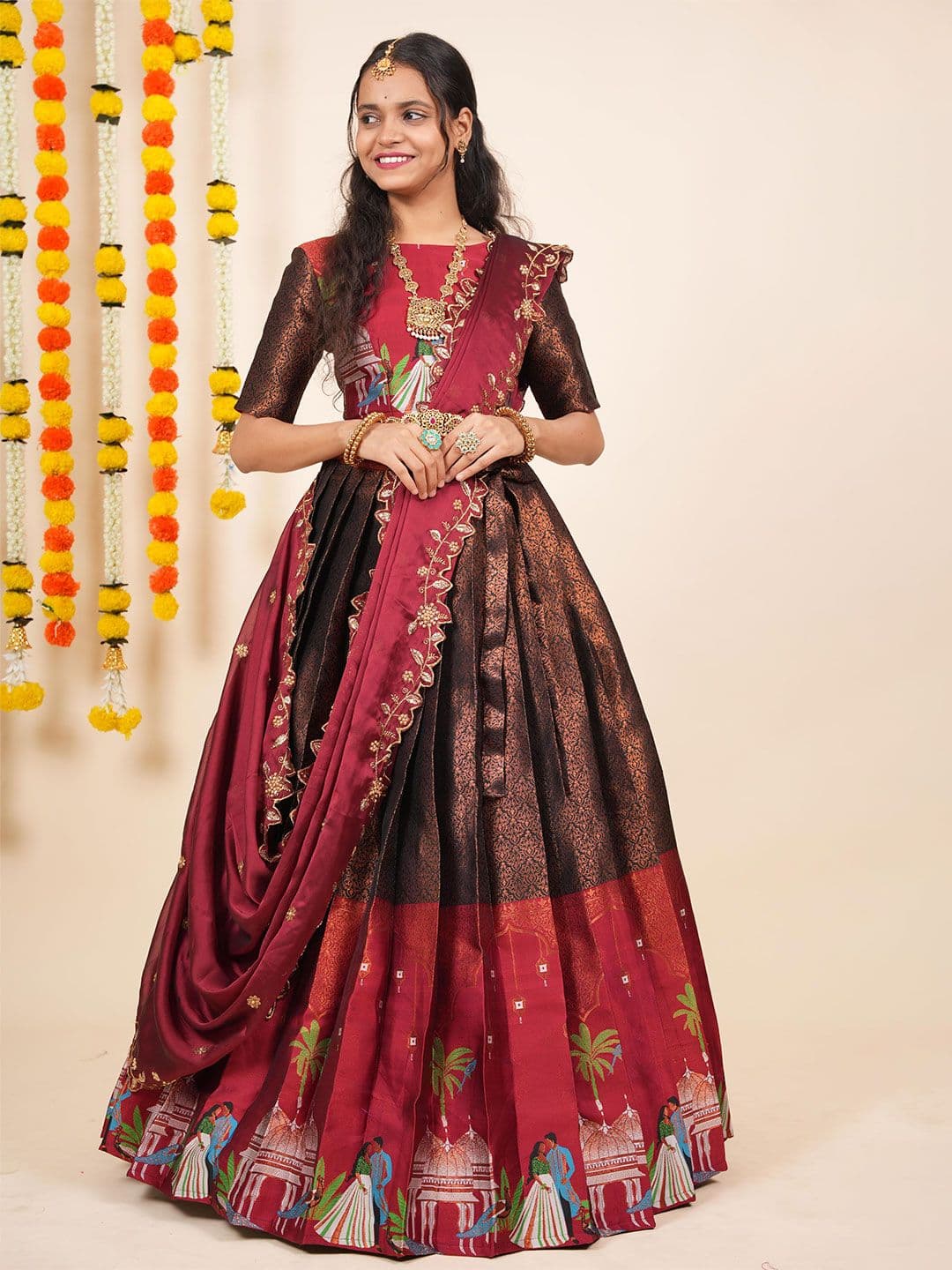 Fabcartz Woven Design Thread Work Semi-Stitched Lehenga & Unstitched Blouse With Dupatta - view 1