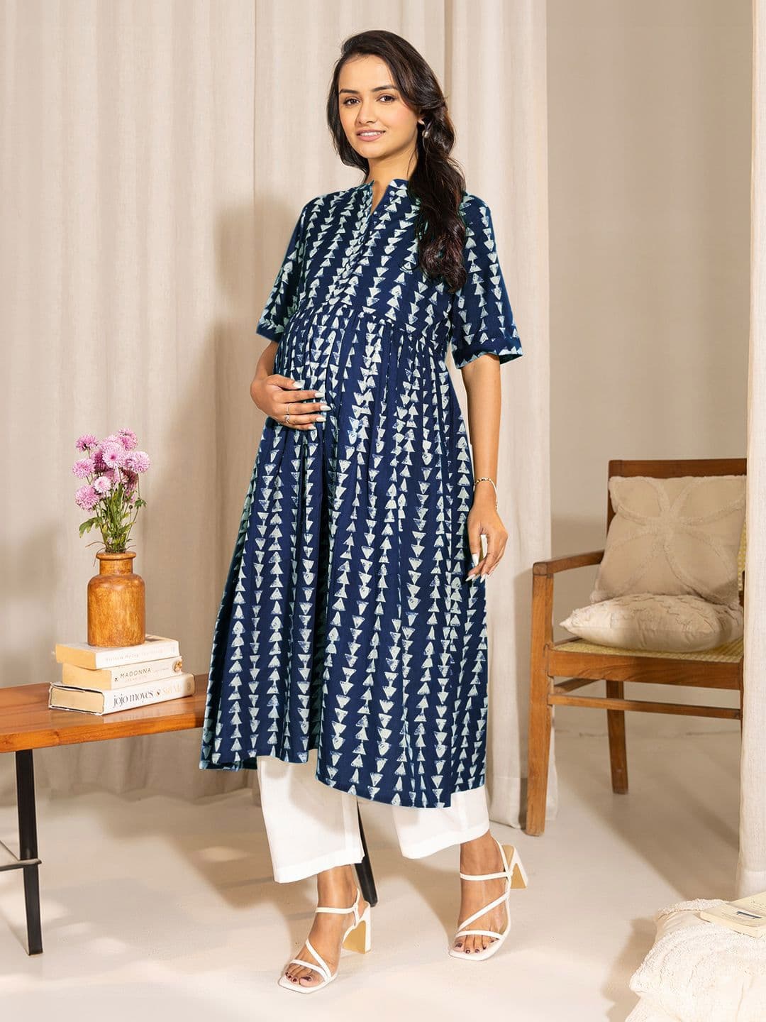 Janasya Women Indigo Pure Cotton Geometric Printed A-line Maternity Kurta - view 1