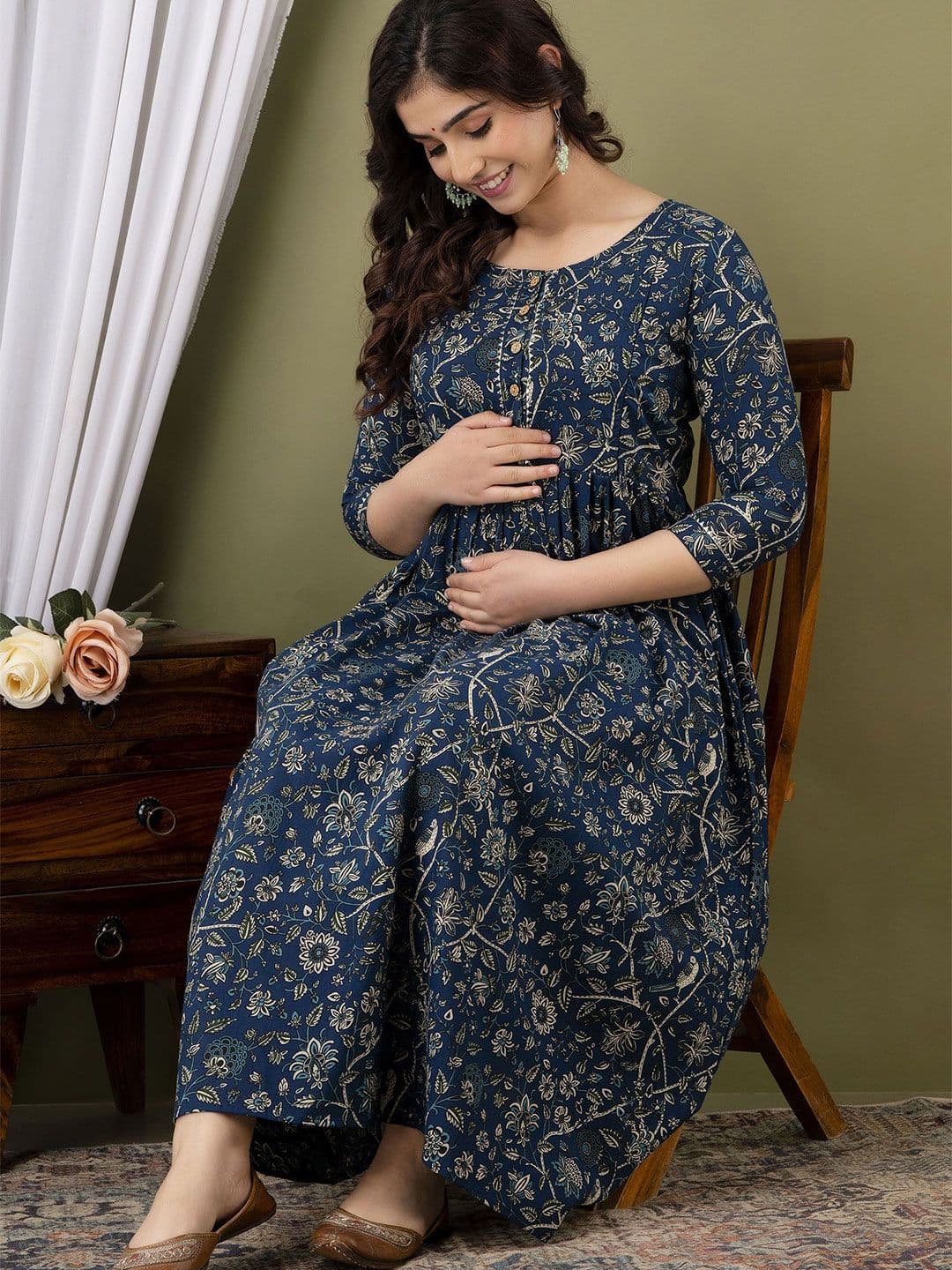 Tulsiram Women Floral Printed Pure Cotton Midi Maternity Dress - view 1