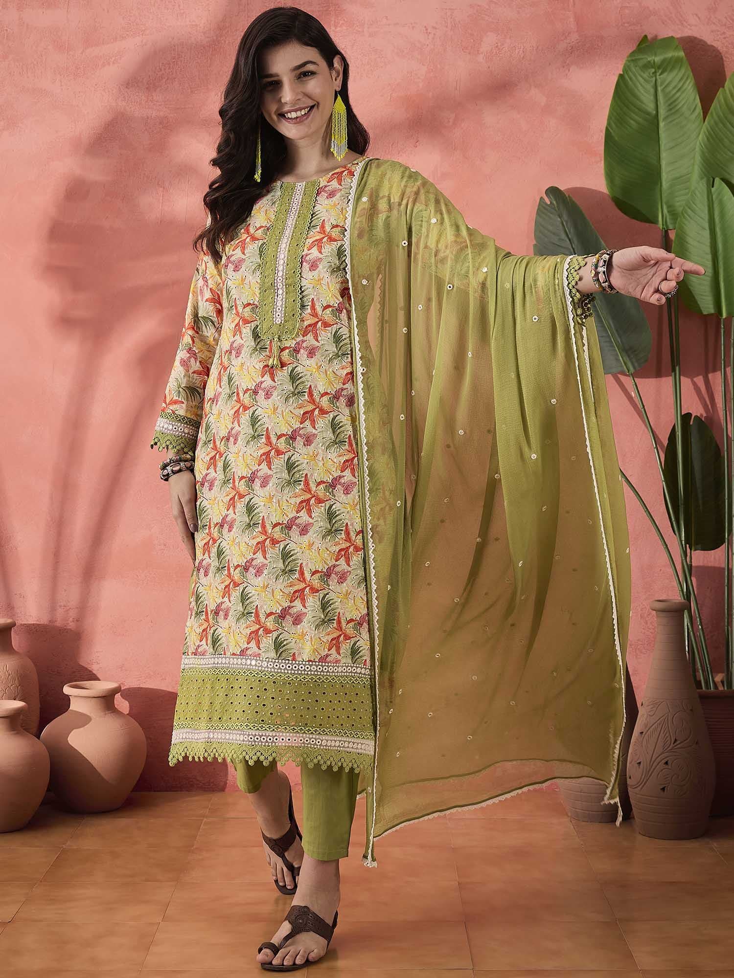 Sangria Green Floral Printed Round Neck Pure Cotton Kurta With Trousers & Dupatta - view 1
