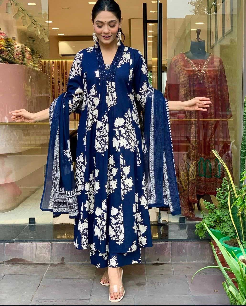 Heavenly Attire Floral Printed V-Neck Pure Cotton Anarkali Kurta With Trousers & Dupatta - view 1