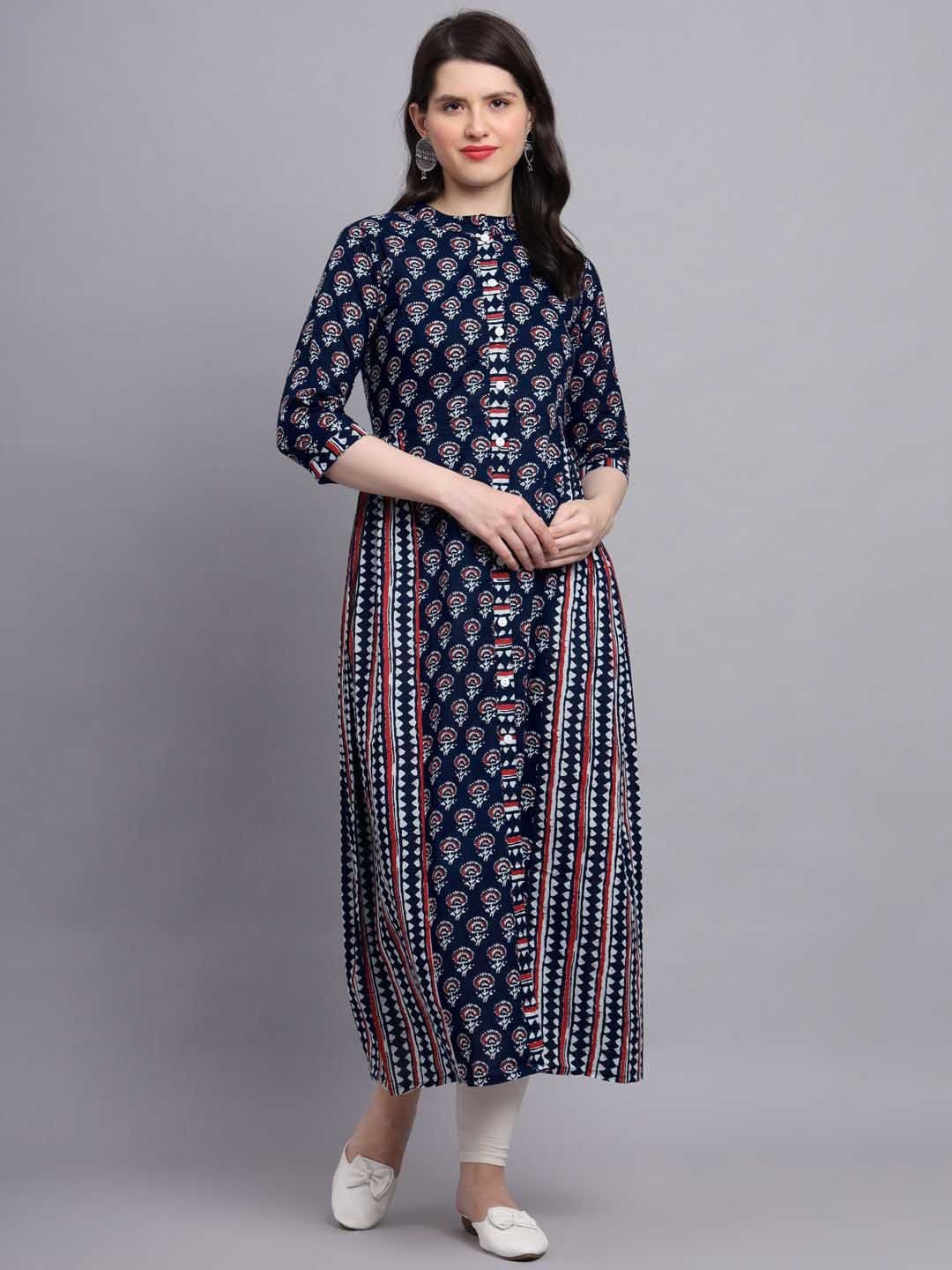 SUBAGI FASHION Floral Printed Mandarin Collar Pure Cotton Anarkali Kurtas - view 1