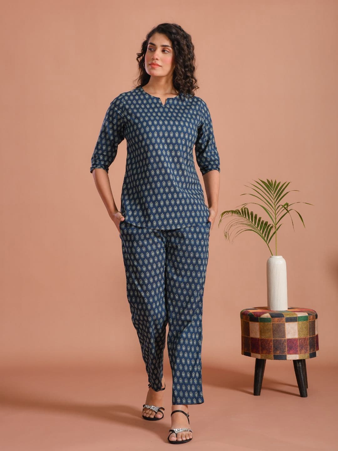 SANSKRUTIHOMES Printed Round Neck Pure Cotton Top With Trousers Co-Ords - view 1