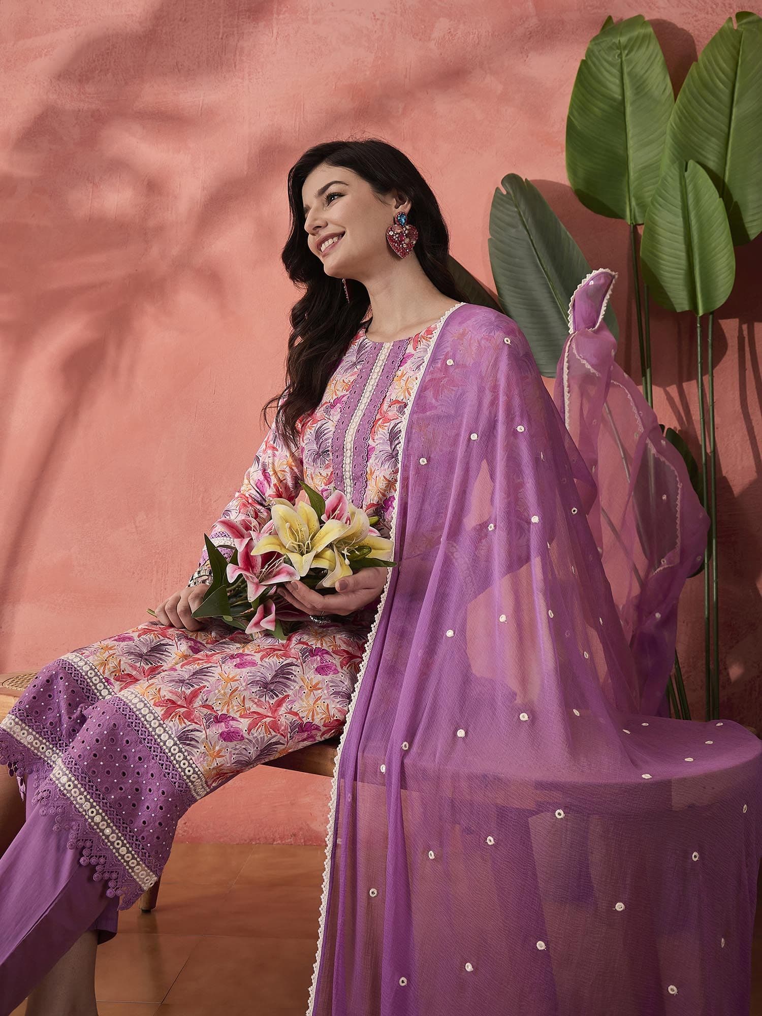 Sangria Purple Schiffli Floral Printed Pure Cotton Kurta With Trouser And Dupatta - view 1