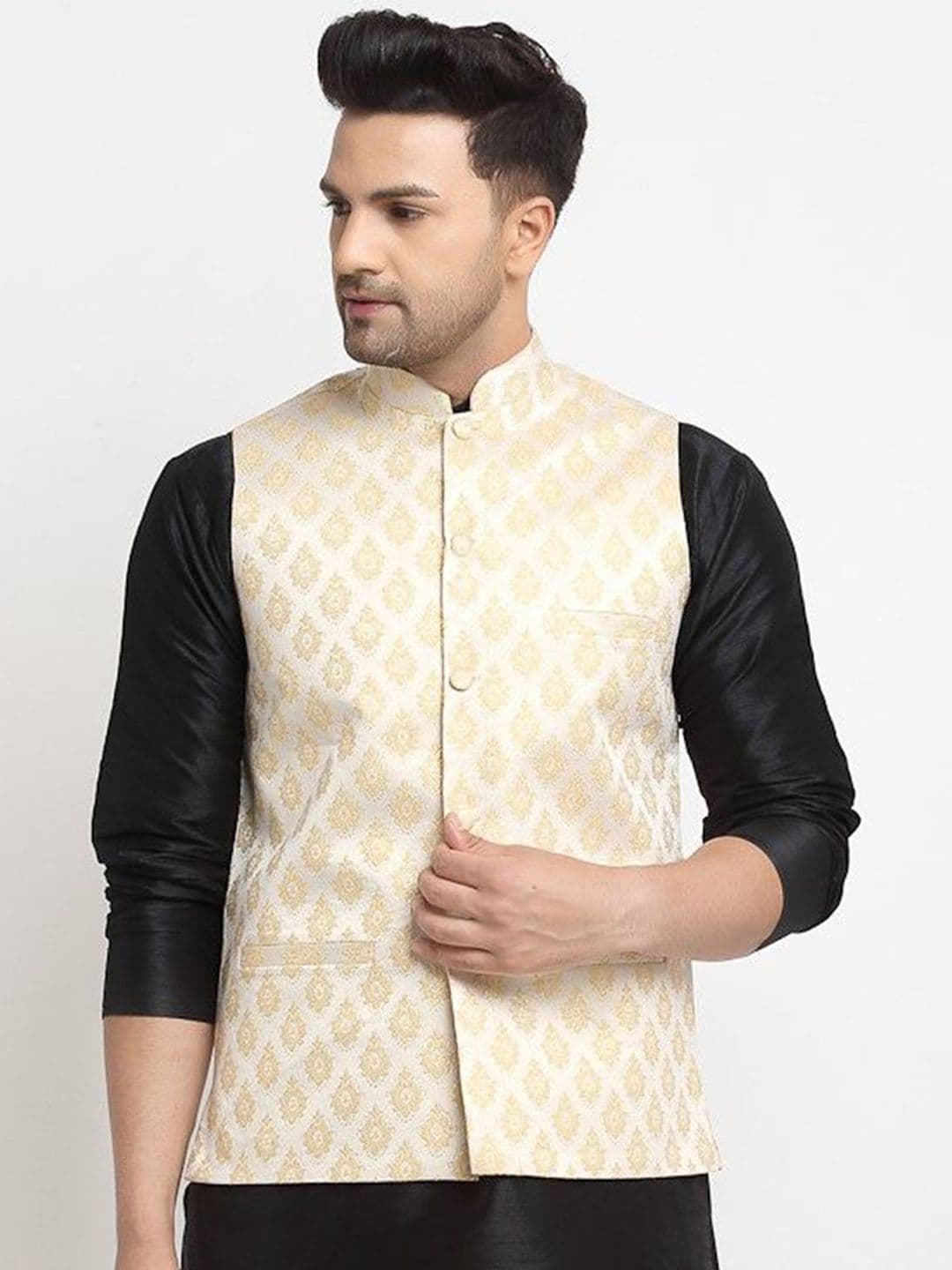 Kaifoo Men Woven Design Mandarin Collar Nehru Jackets - view 1