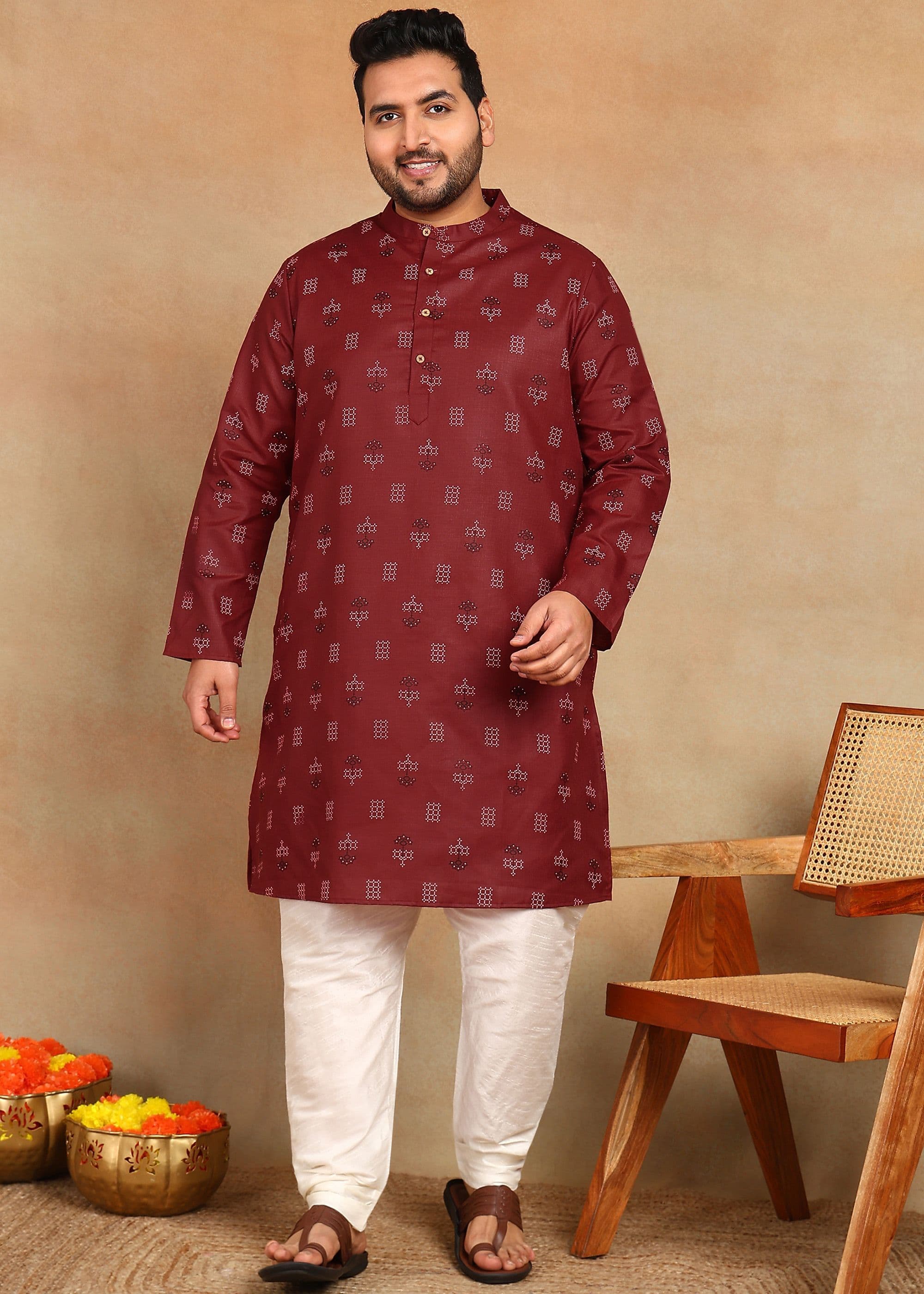 Sztori Plus Size Woven Design Geometric Printed Mandarin Collar Straight Kurta - view 1