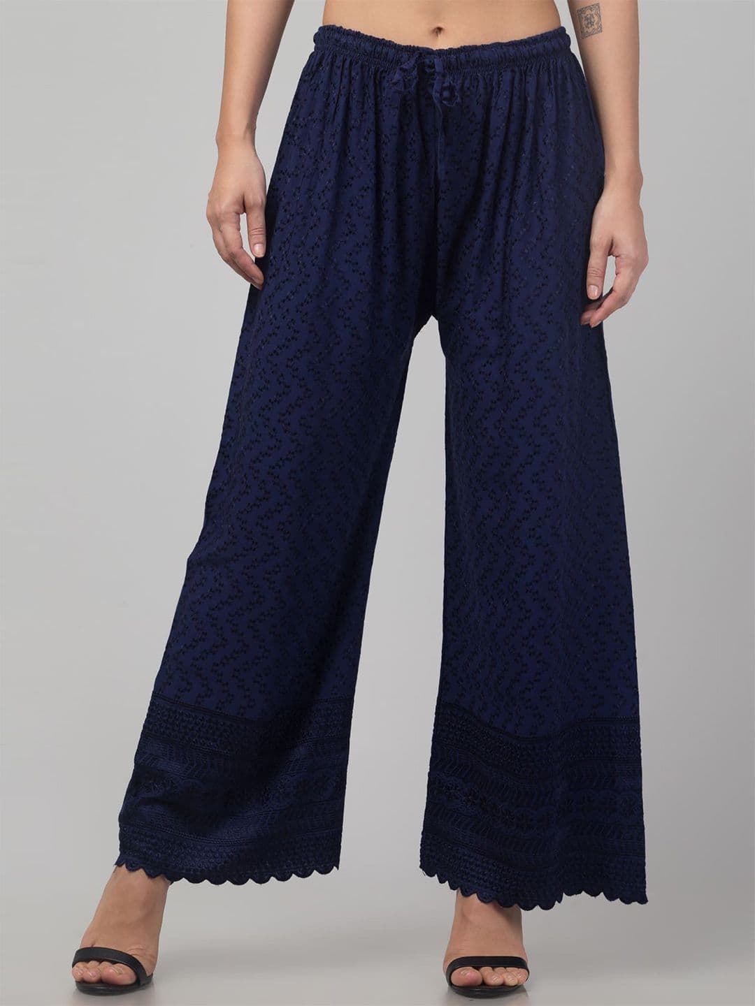 FAMBEE Women Embroidered Flared Knitted Palazzos - view 1