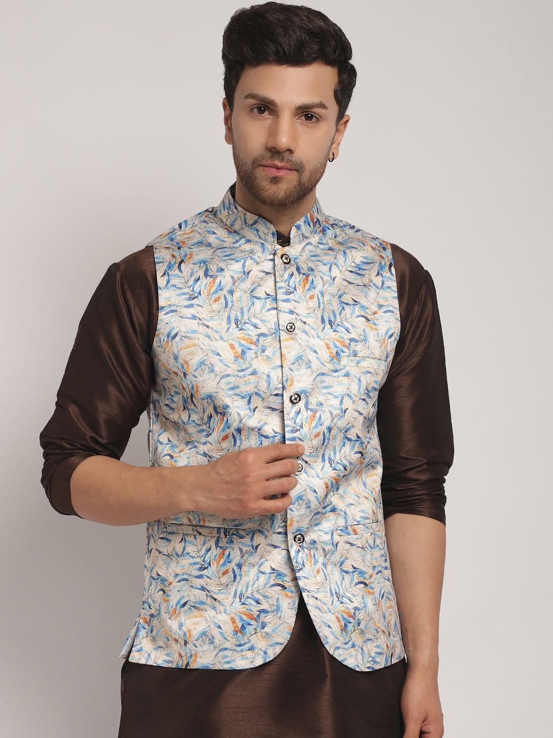 Kaifoo Woven Design Mandarin Collar Nehru Jackets - view 1