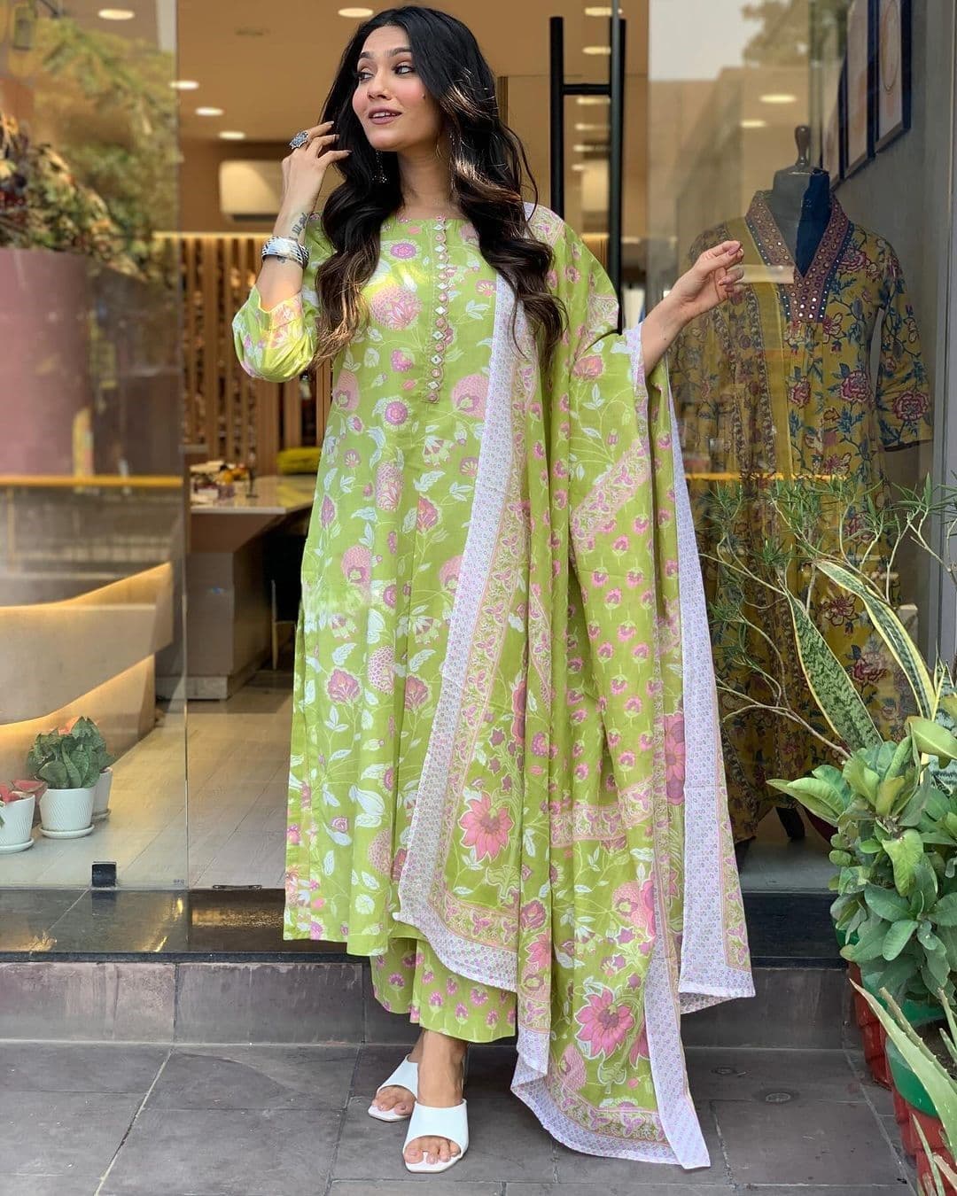 SIJOPA Floral Printed Pure Cotton A-Line Kurta With Palazzos And Dupatta - view 1