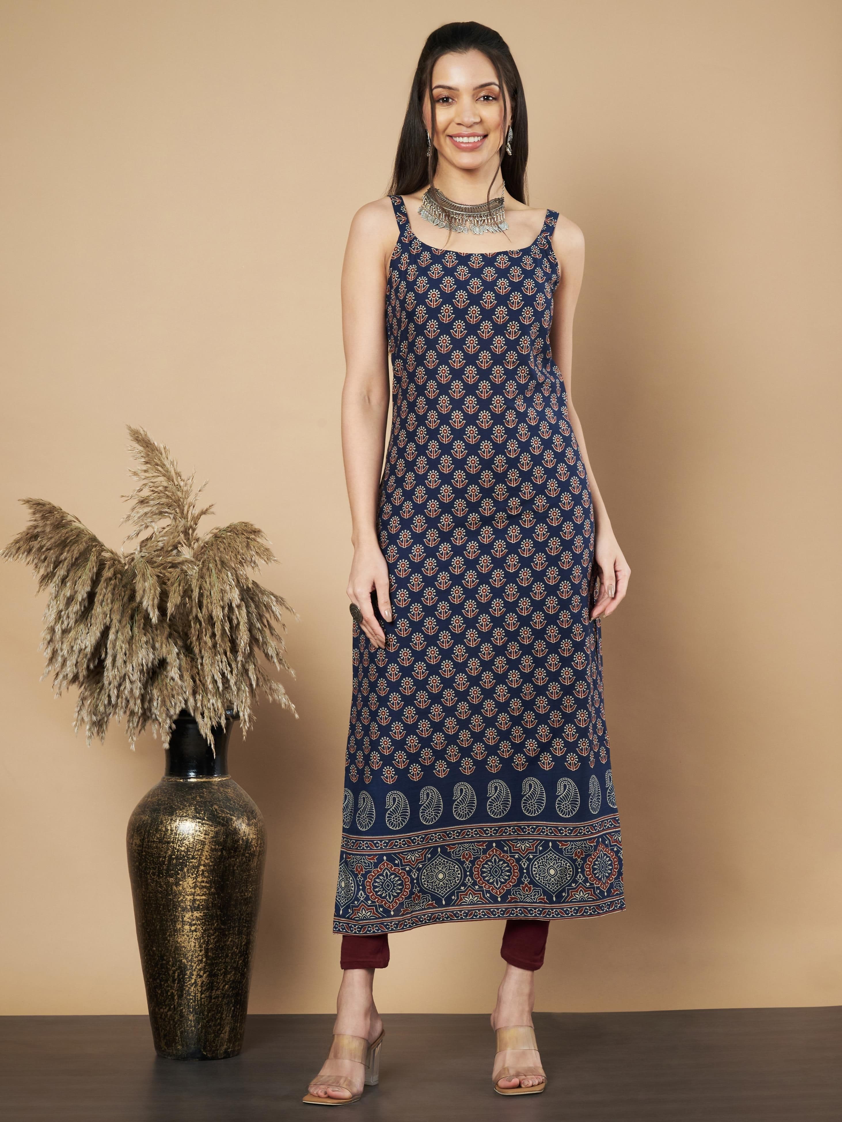 Vbuyz Womens Navy Blue Floral Printed Straight Cotton Boat Neck Sleeveless Kurta - view 1