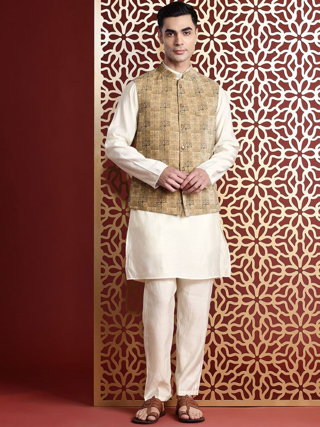 MANQ Ethnic Motifs Printed Sequinned Nehru Jacket - view 1