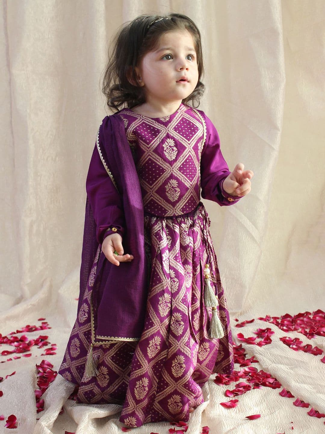 Tiber Taber Girls Purple Woven Design Zari Ready to Wear Lehenga & Blouse With Dupatta - view 1