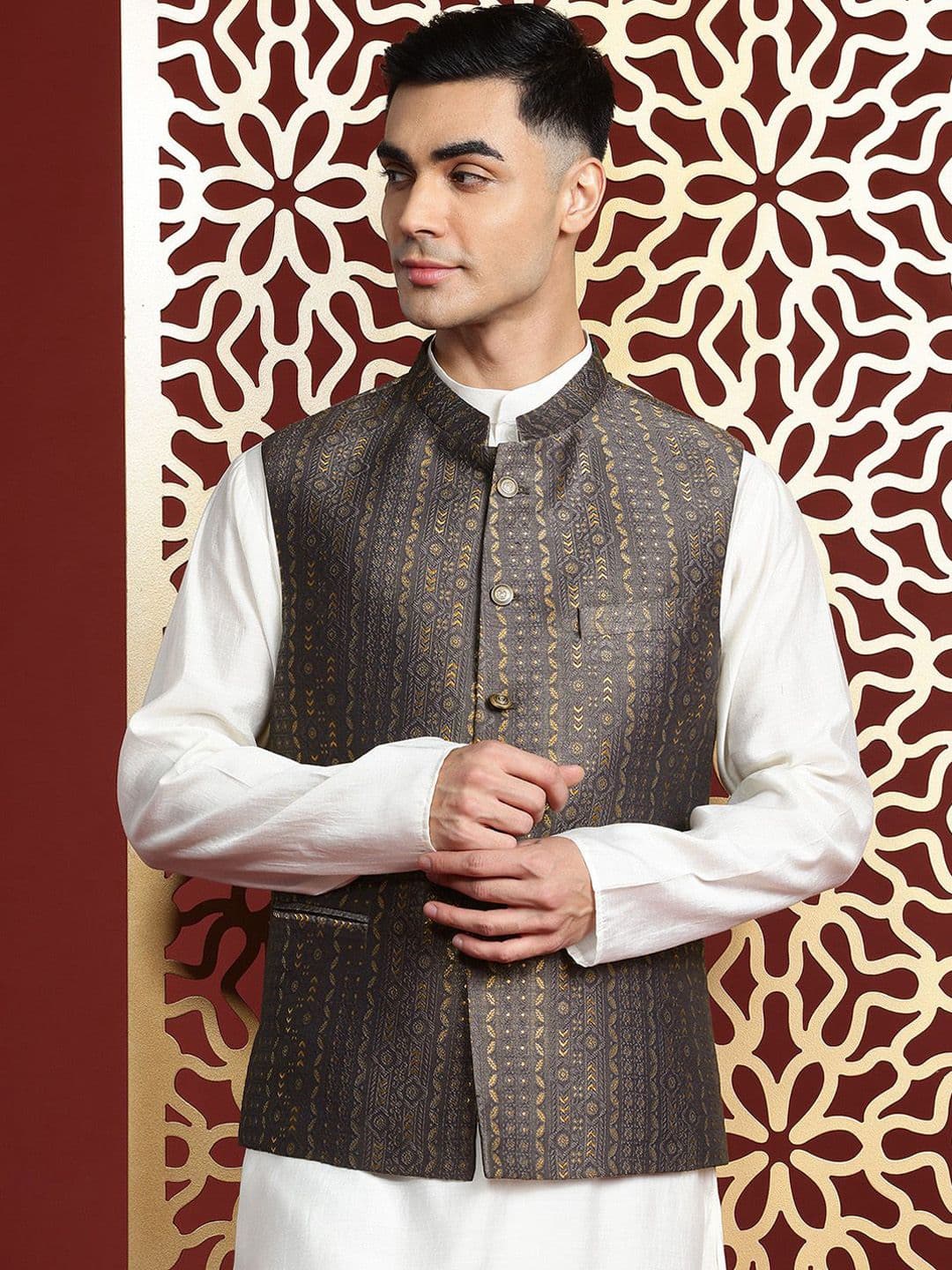 MANQ Ethnic Motifs Woven Design Nehru Jacket - view 1