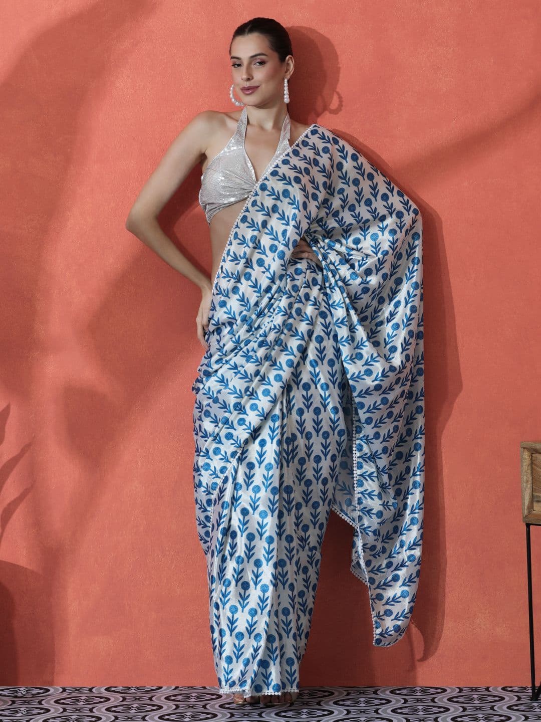 Sangria Ready to wear Satin Floral Digital Printed Saree - view 1