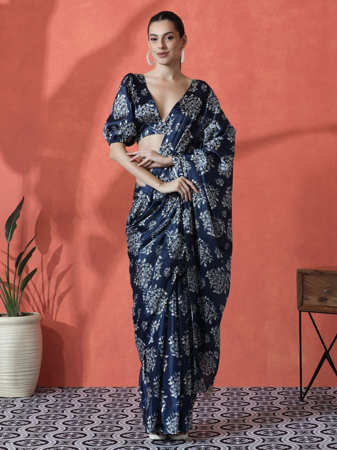 Sangria Ready to wear Satin Floral Digital Printed Saree - view 1