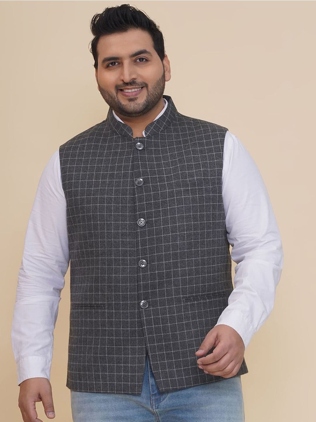 John Pride Men Plus Size Regular Fit Checked Nehru Jacket - view 1