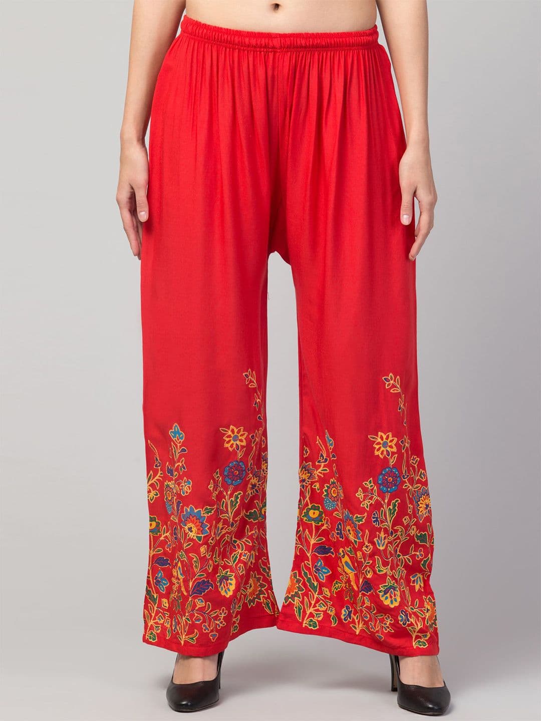 FAMBEE Women Floral Printed Flared Knitted Palazzos - view 1