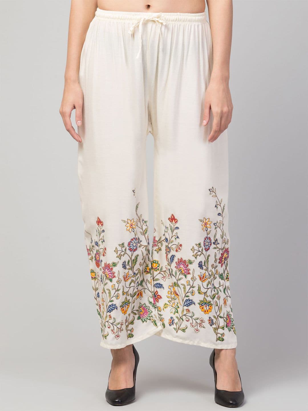FAMBEE Women Floral Embroidered Flared Knitted Palazzos - view 1
