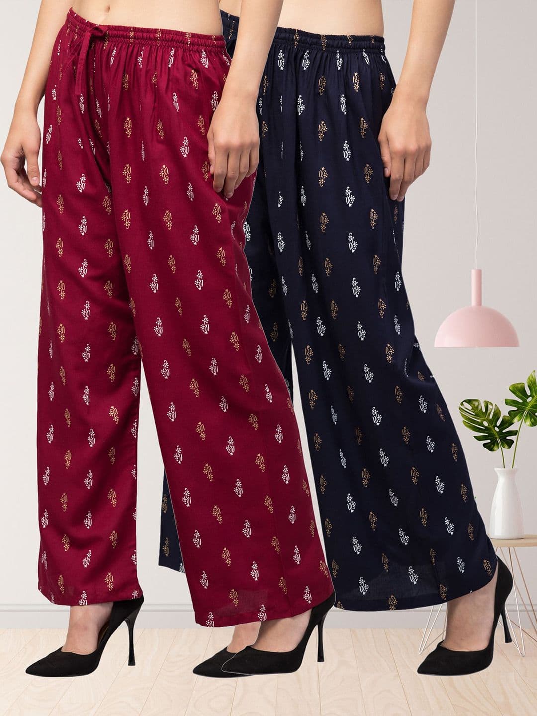 FAMBEE Women 2 Floral Printed Flared Knitted Palazzos - view 1