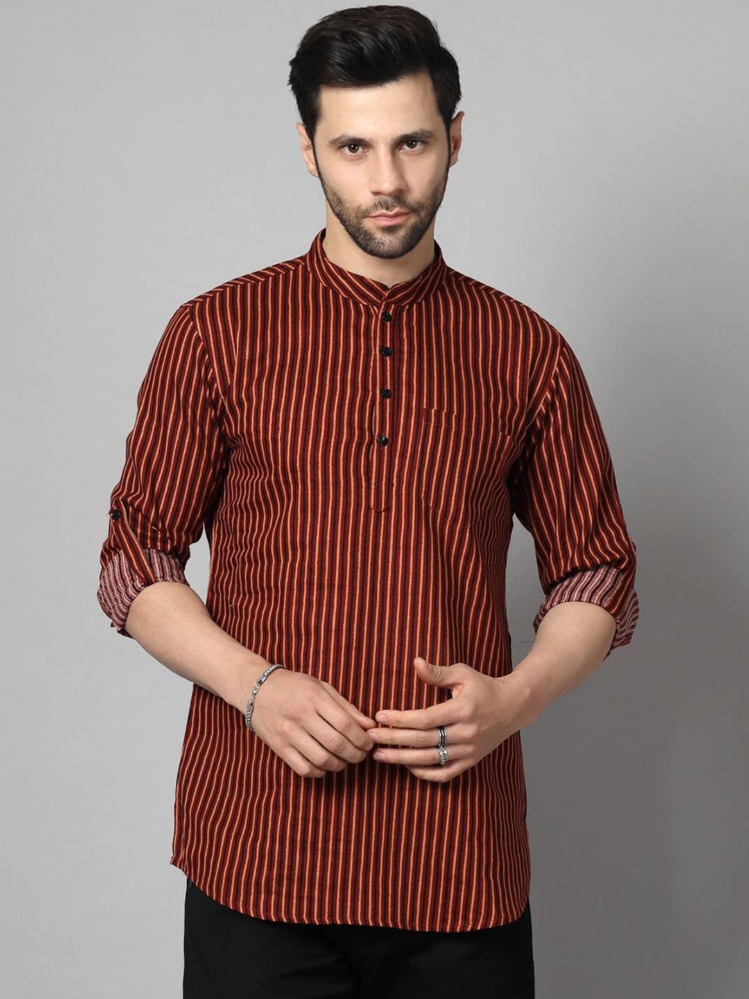 Vastraa Fusion Striped Mandarin Collar Cotton Straight Kurta - view 1