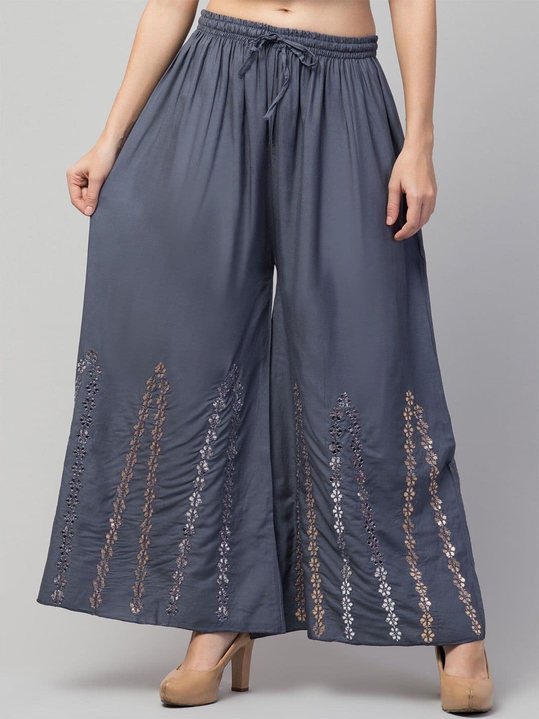 FAMBEE Women Floral Embroidered Flared Knitted Palazzos - view 1